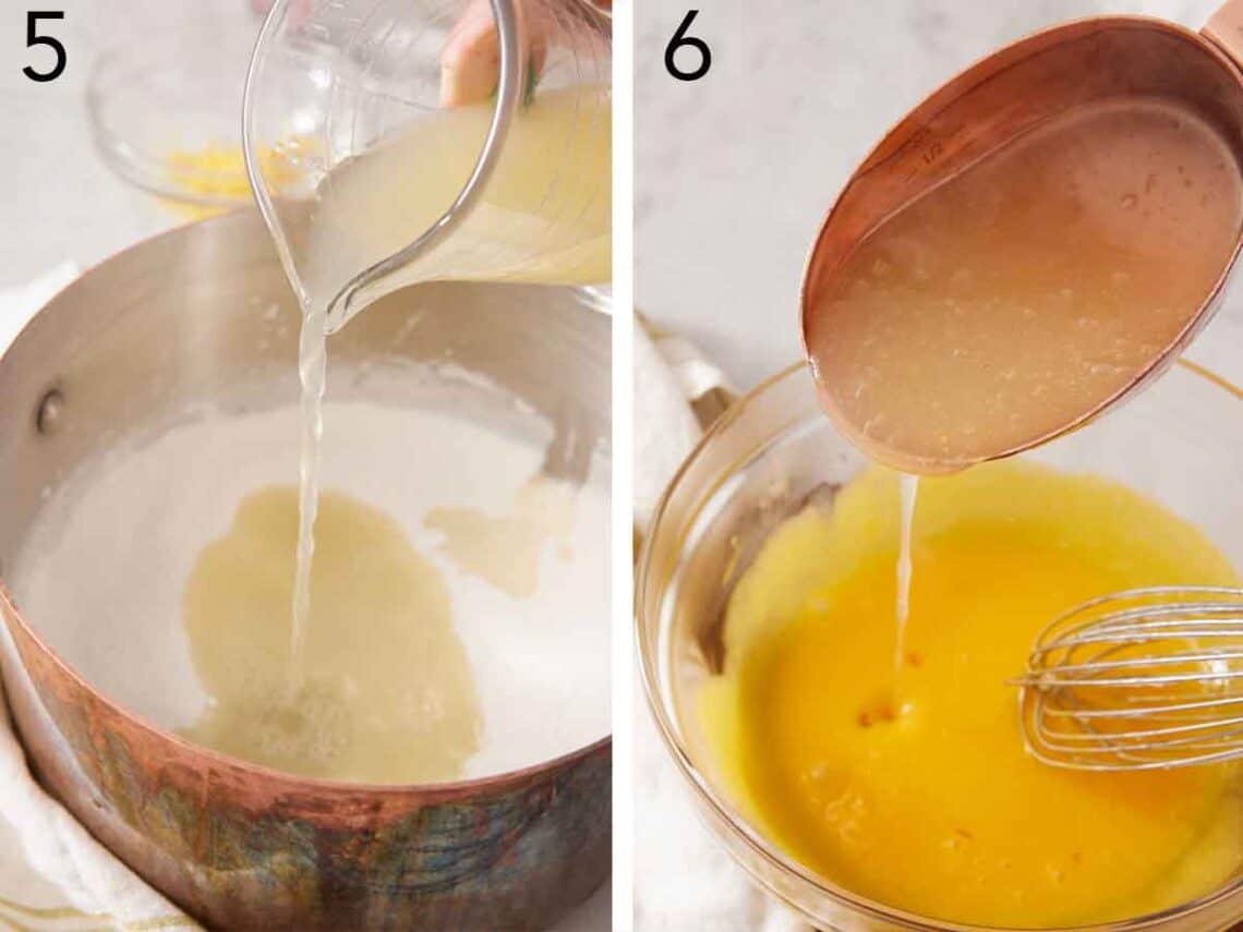 Set of two photos showing lemon juice added to a pot and to a bowl of egg yolks.