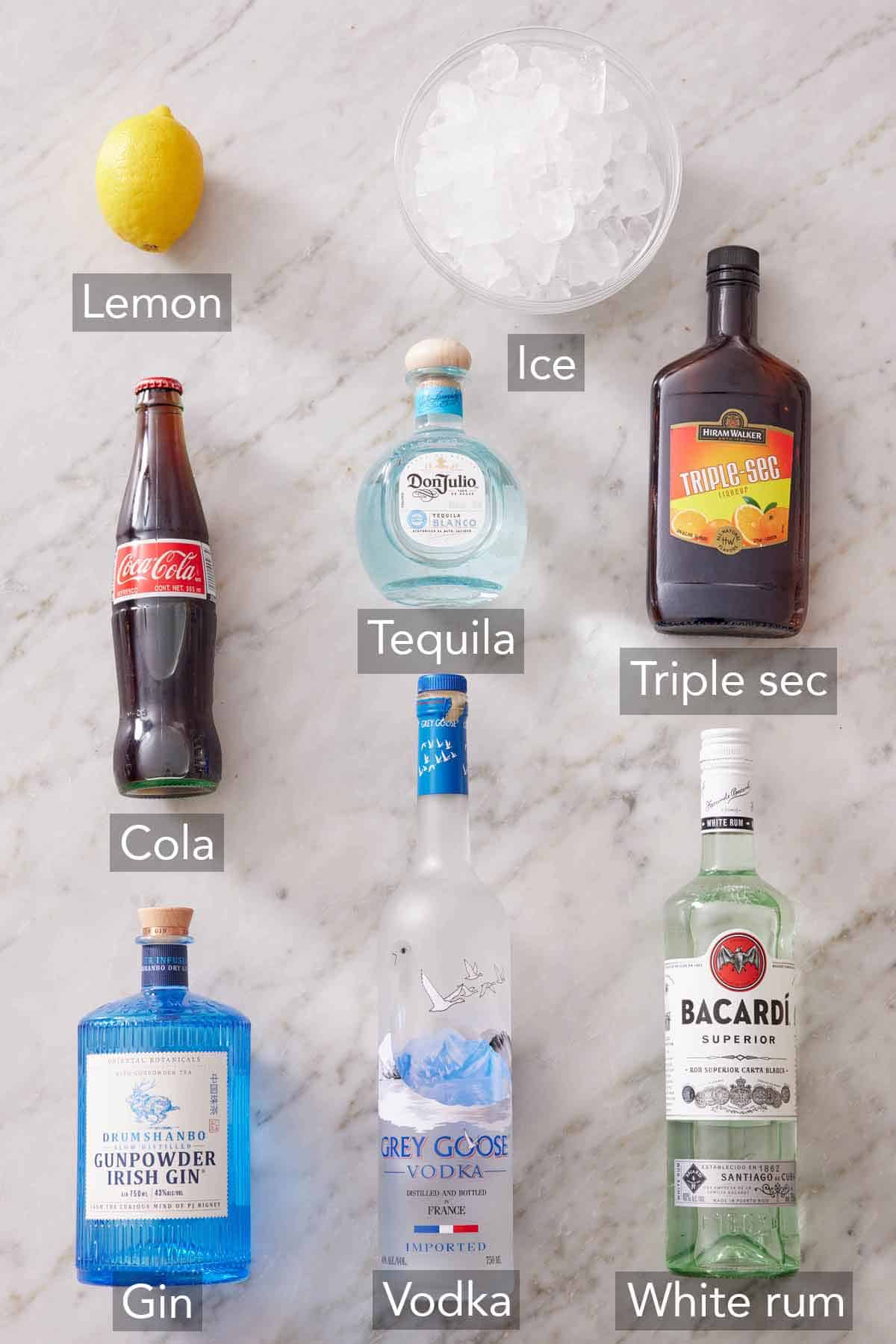 Ingredients needed to make Long Island Iced Tea.