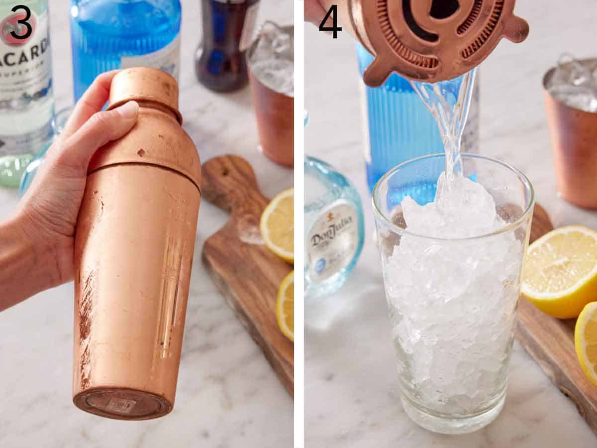 Set of two photos showing the shaker shaken then strained into a glass of ice.