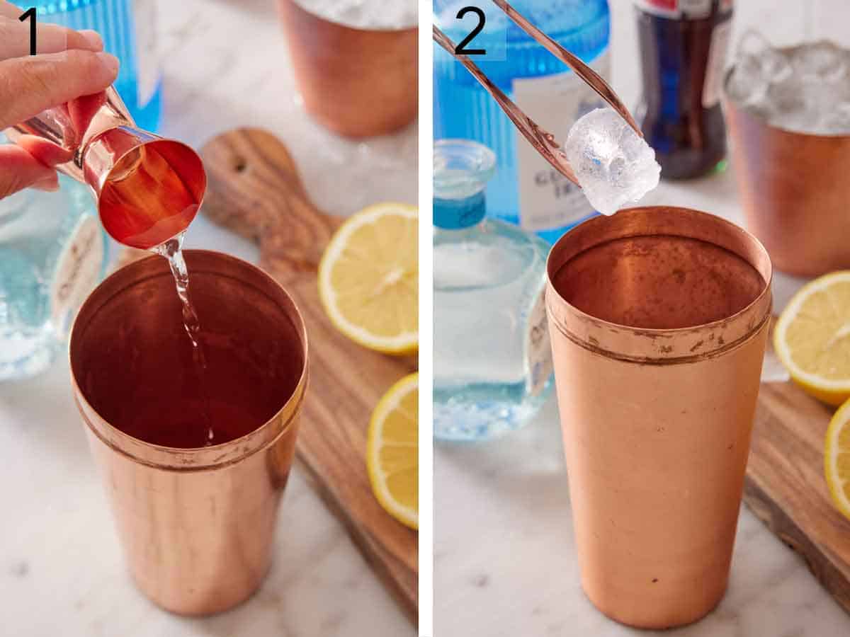 Set of two photos showing alcohol added to a shaker along with ice.