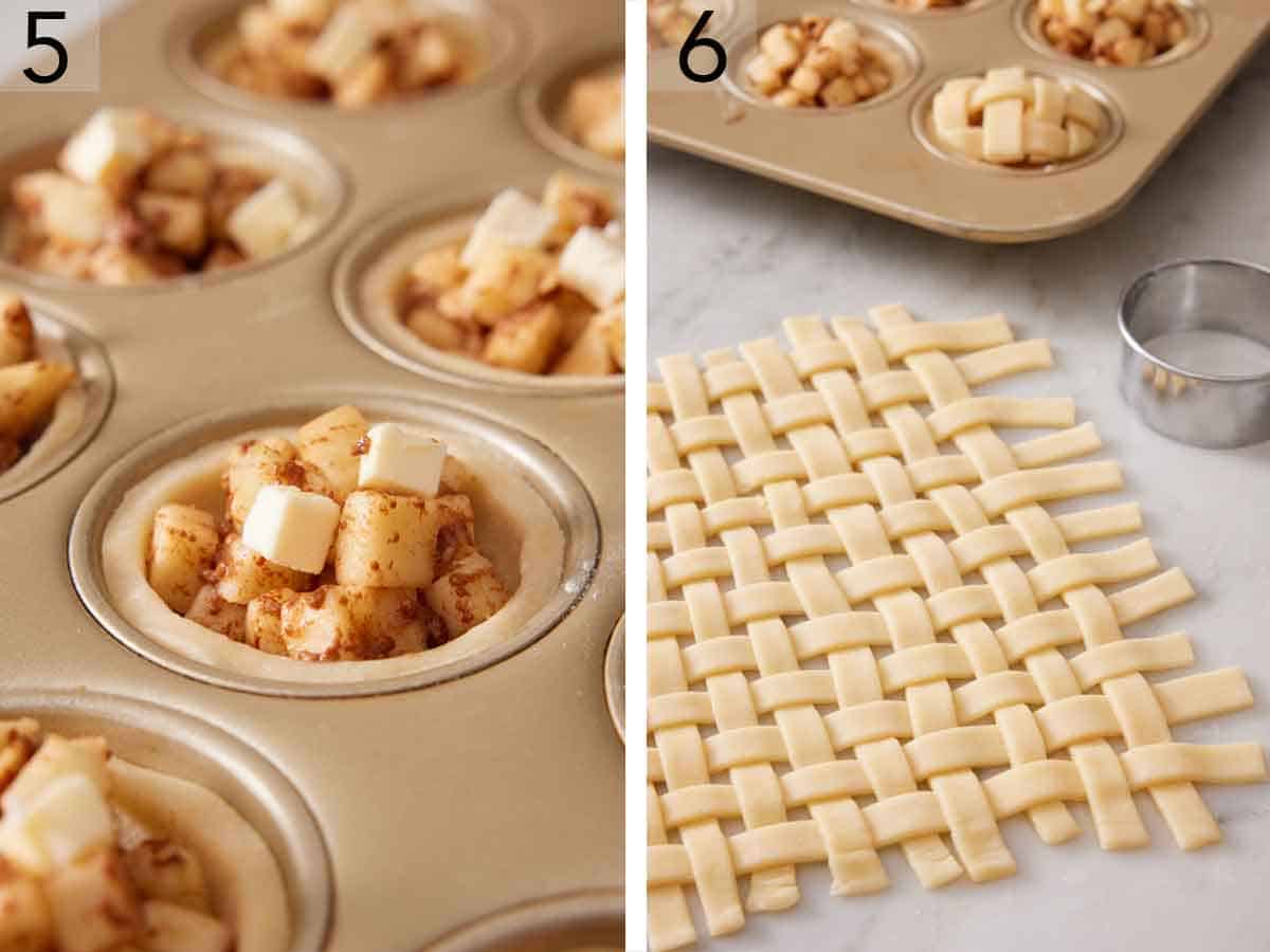 Set of two photos showing diced apples in the pie crust in the muffin tin with butter and dough lattice laid out.