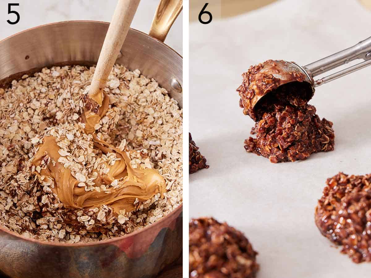 Set of two photos showing peanut butter stirred into the mixture in the pot then scooped onto a lined sheet pan.