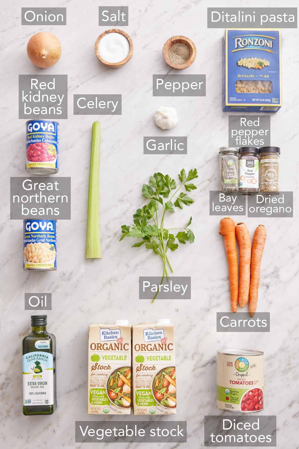 Ingredients needed to make pasta fagioli.