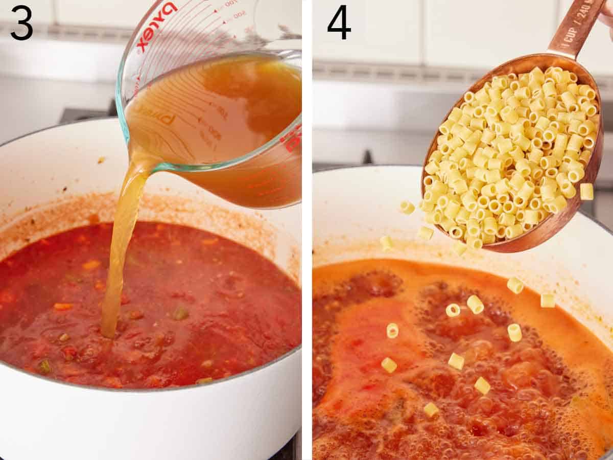 Set of two photos showing vegetable broth and pasta added to the pot.