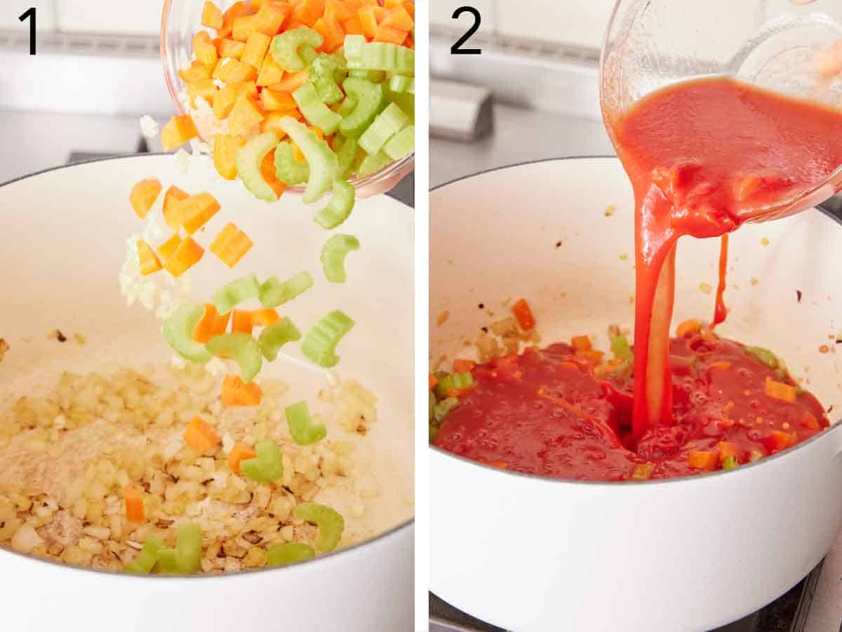 Set of two photos showing onions, carrots, celery, and tomatoes added to a pot.