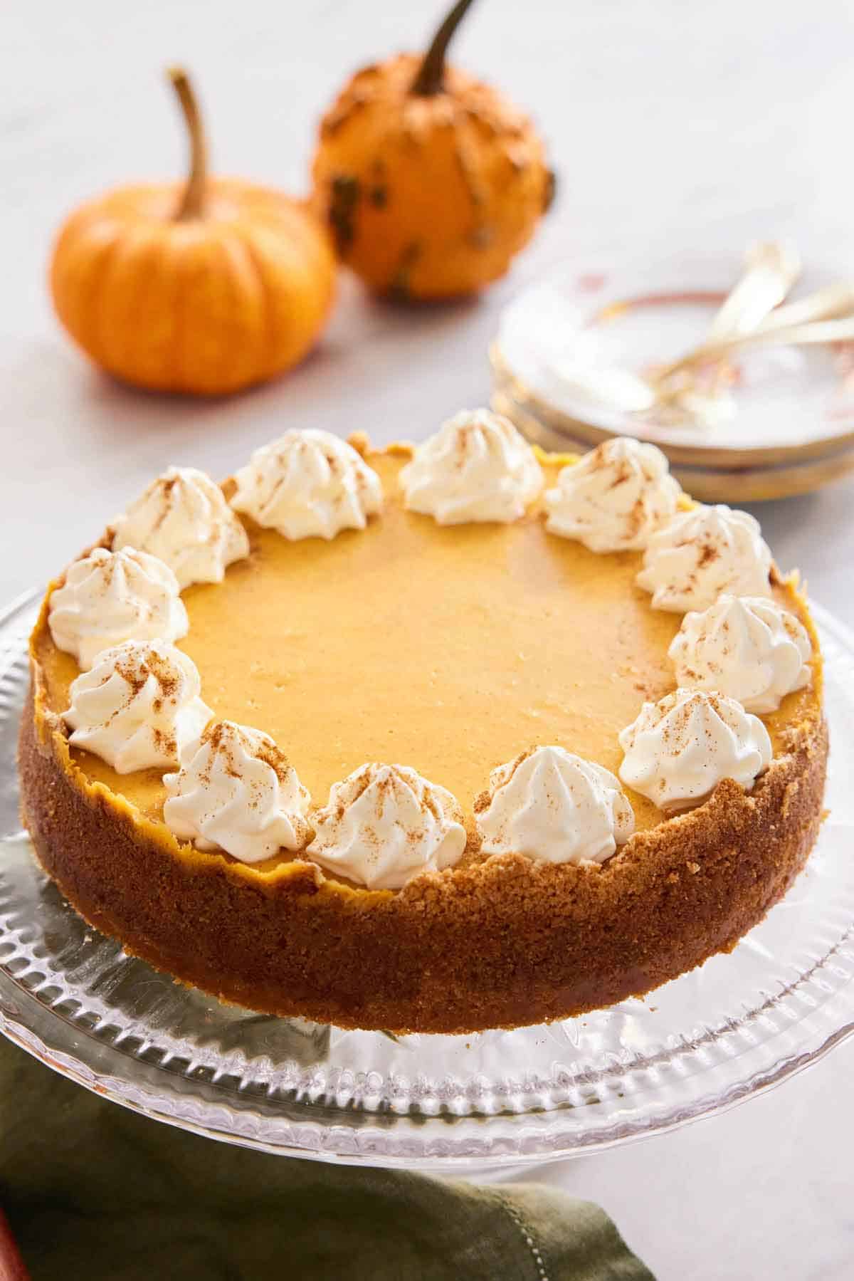 A pumpkin cheesecake on a cake stand with dollops of whipped cream and a dusting of pumpkin pie spice on top.