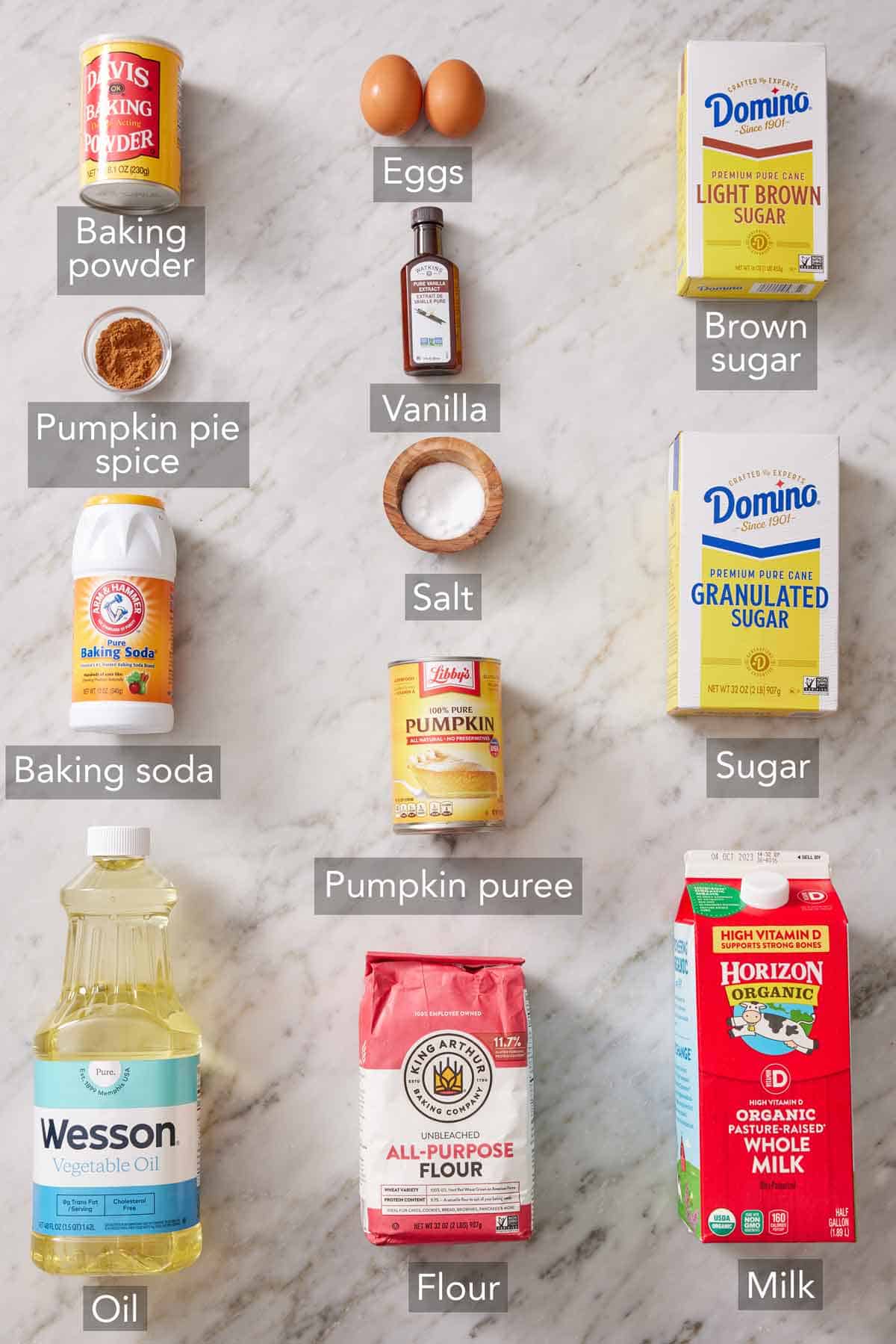 Ingredients needed to make pumpkin muffins.