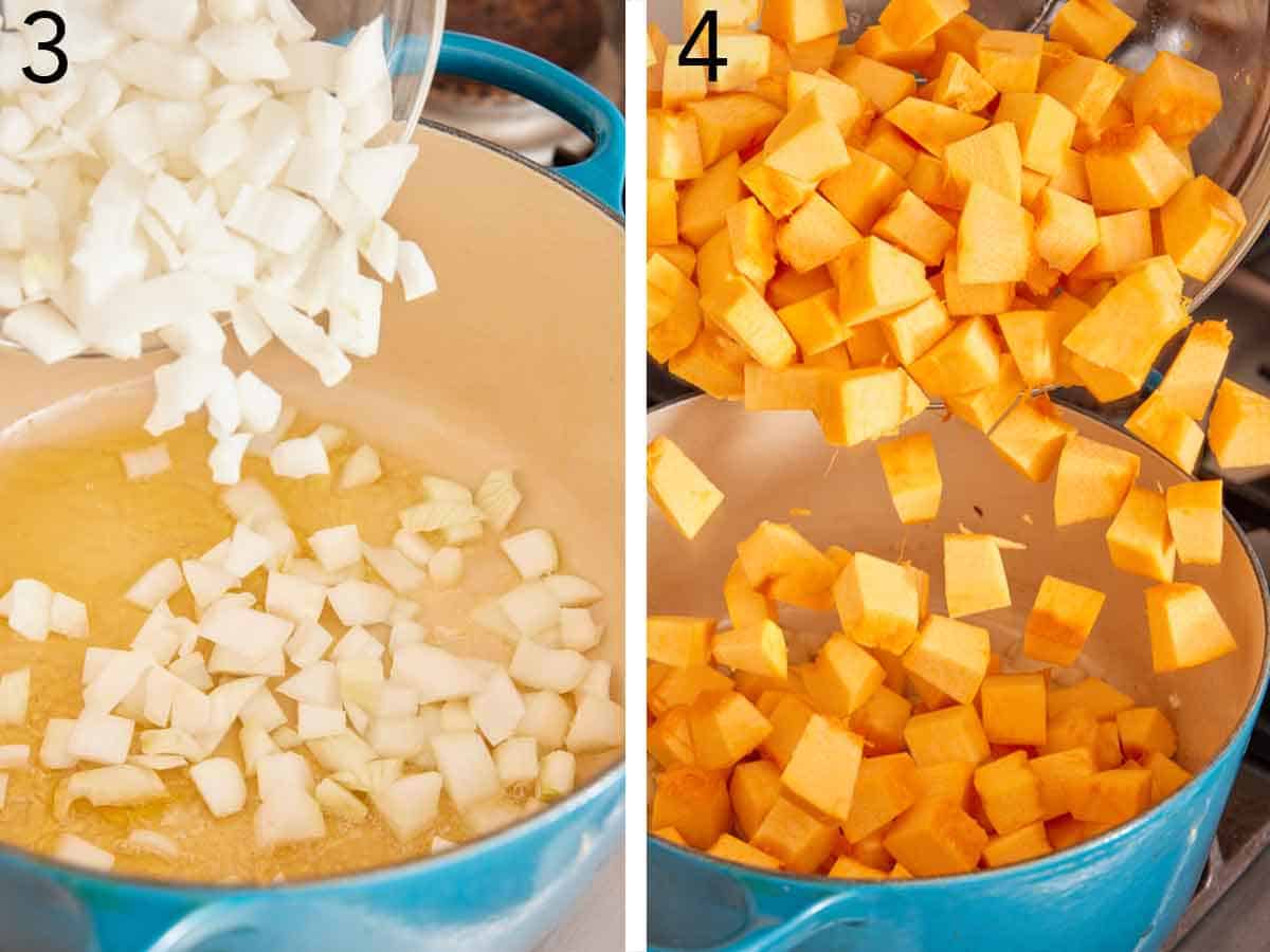 Set of two photos showing onions and diced pumpkin added to a pot.