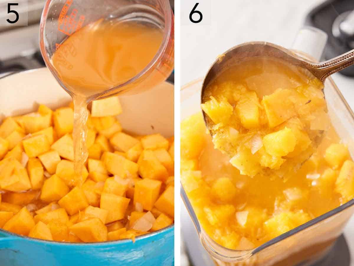 Set of two photos showing broth added to a pot and everything blended in a blender.