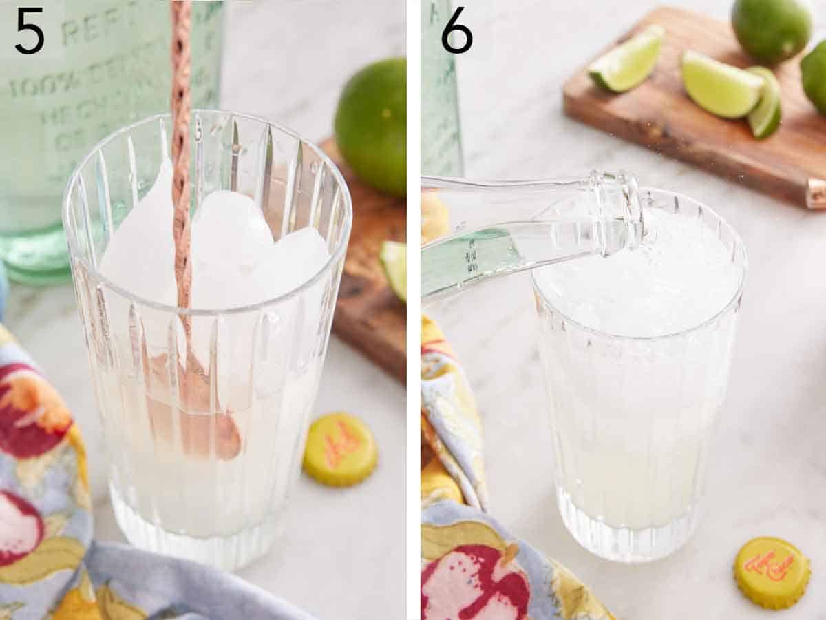 Set of two photos showing a drink stirred and topped with topo chico.
