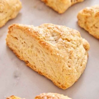 Multiple scones in a single layer on a marble surface.