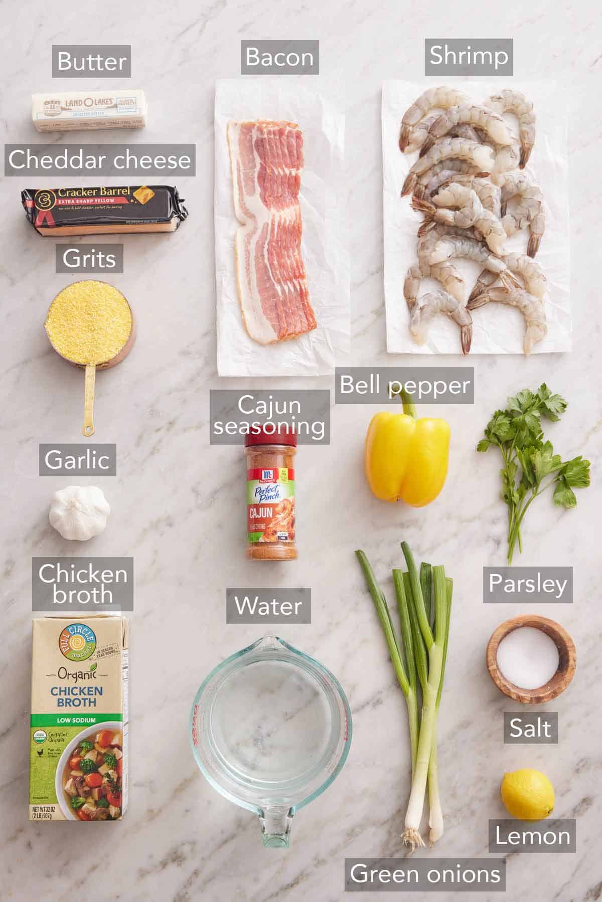 Ingredients needed to make shrimp and grits.