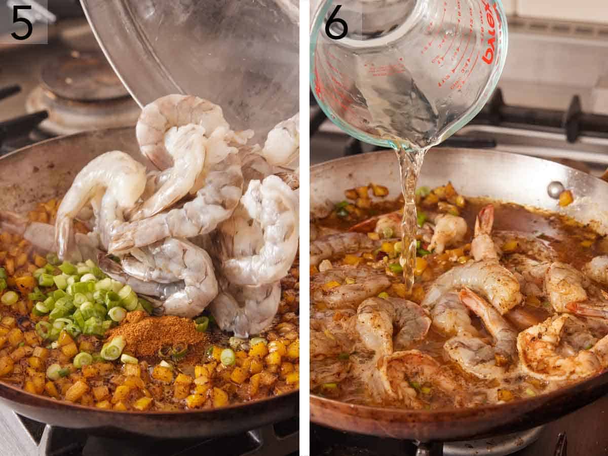 Set of two photos showing seasoning, green onions, shrimp, and broth added to the skillet.
