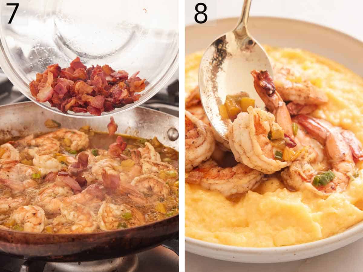 Set of two photos showing bacon added to the skillet of shrimp and then the shrimp and grits plated.