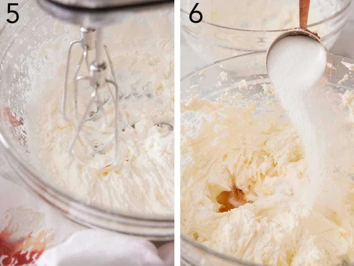 Set of two cream cheese beaten in a bowl and sugar added.