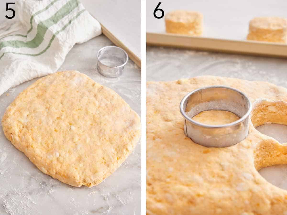 set of two photos showing dough roughed out and cut with a round cutter.