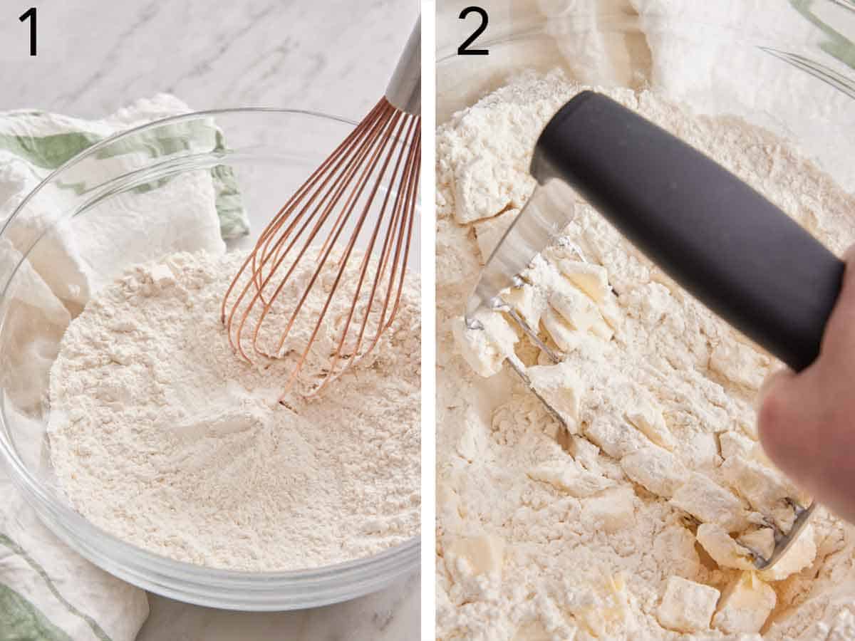 Set of two photos showing dry ingredients whisked together and butter cut into the ingredients.