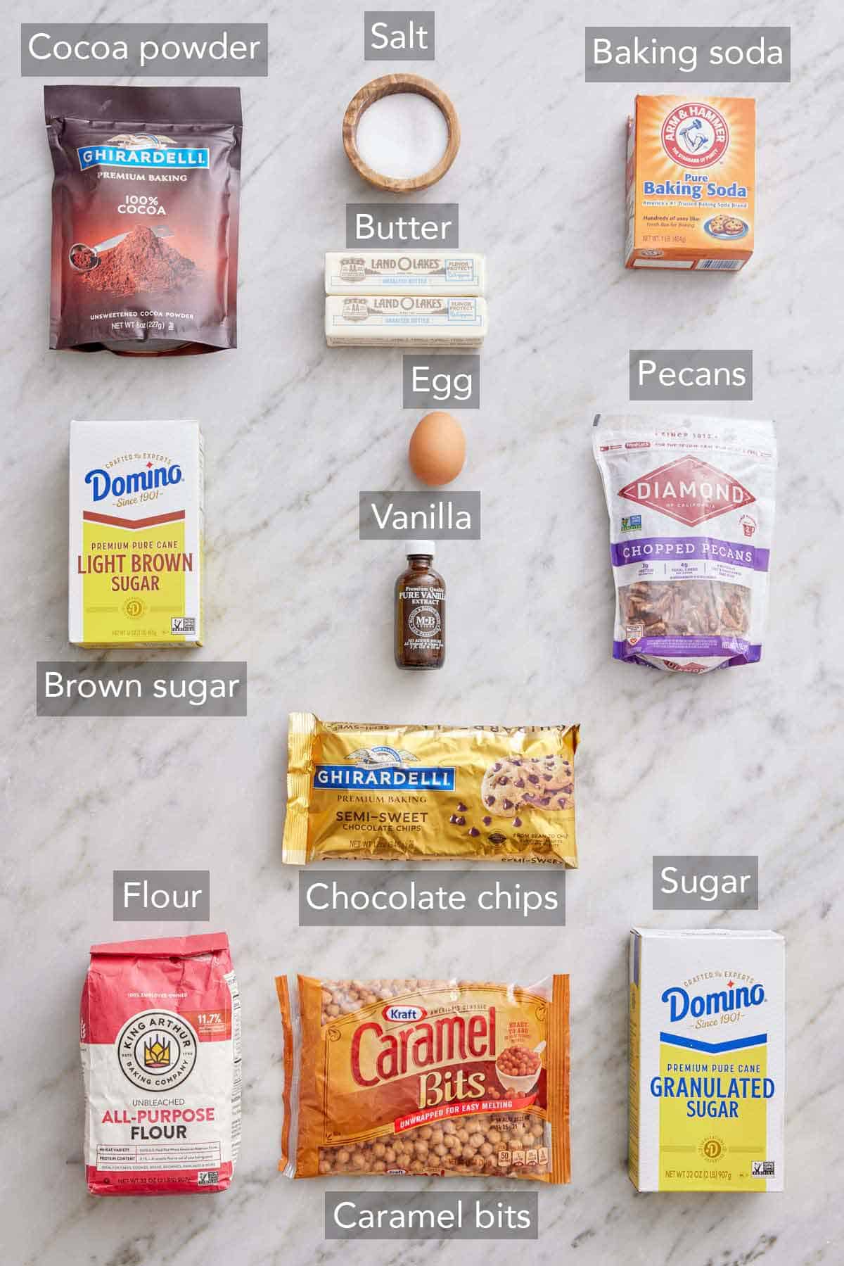 Ingredients needed to make turtle cookies.