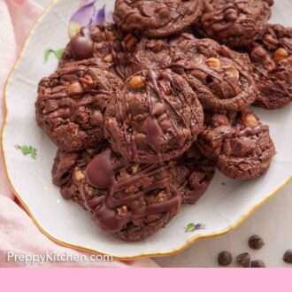 Pinterest graphic of a platter of turtle cookies with a couple of cookies on the table in the background.