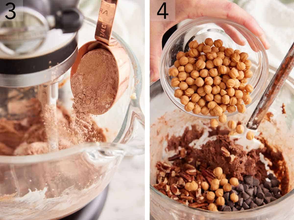 Set of two photos showing dry ingredients added to the mixer and caramel bits added to the batter.