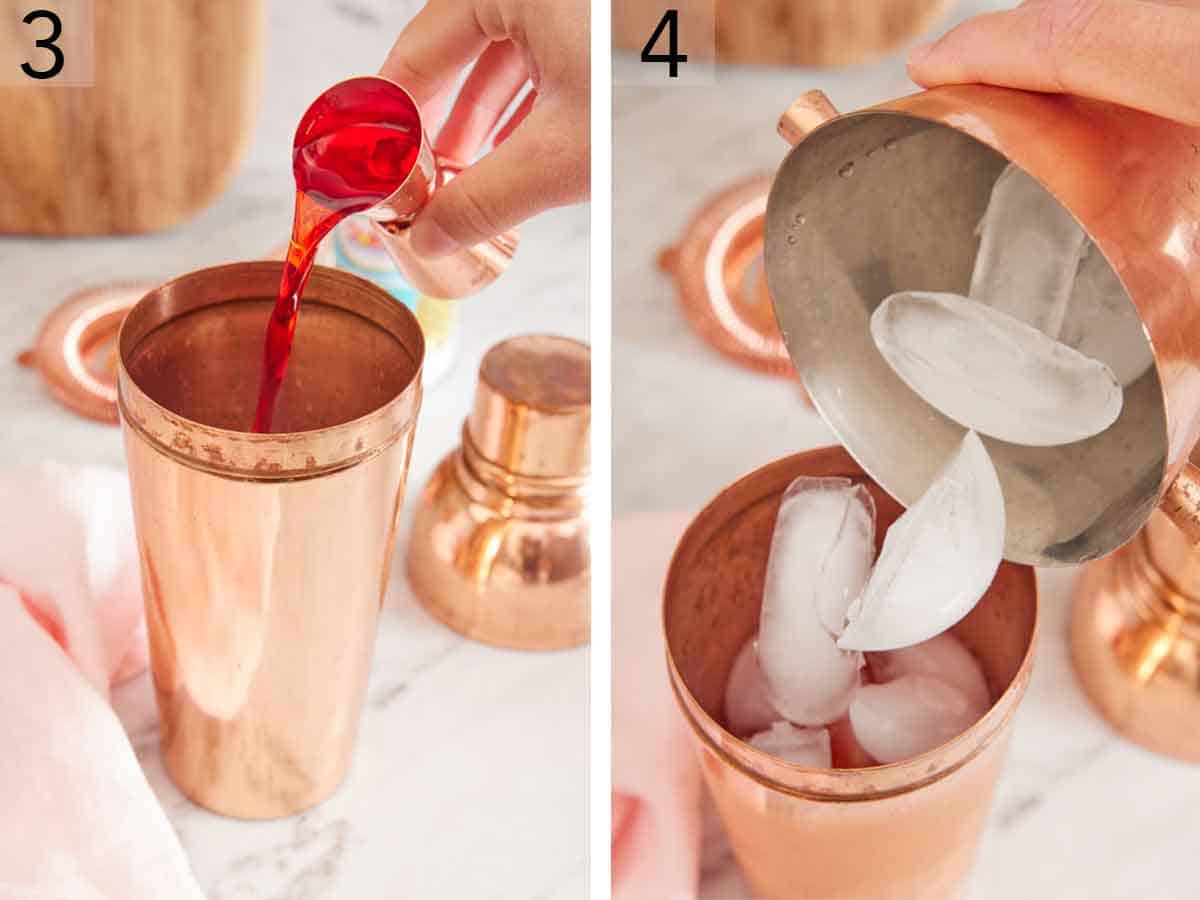 Set of two photos showing gernadine and ice added to a shaker.