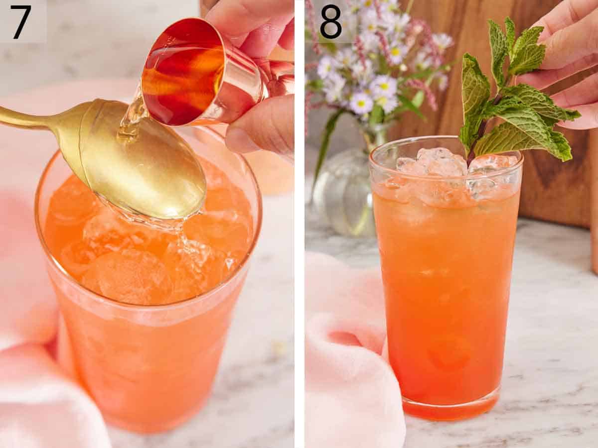 Set of two photos showing rum poured on top and mint garnish added to a glass.