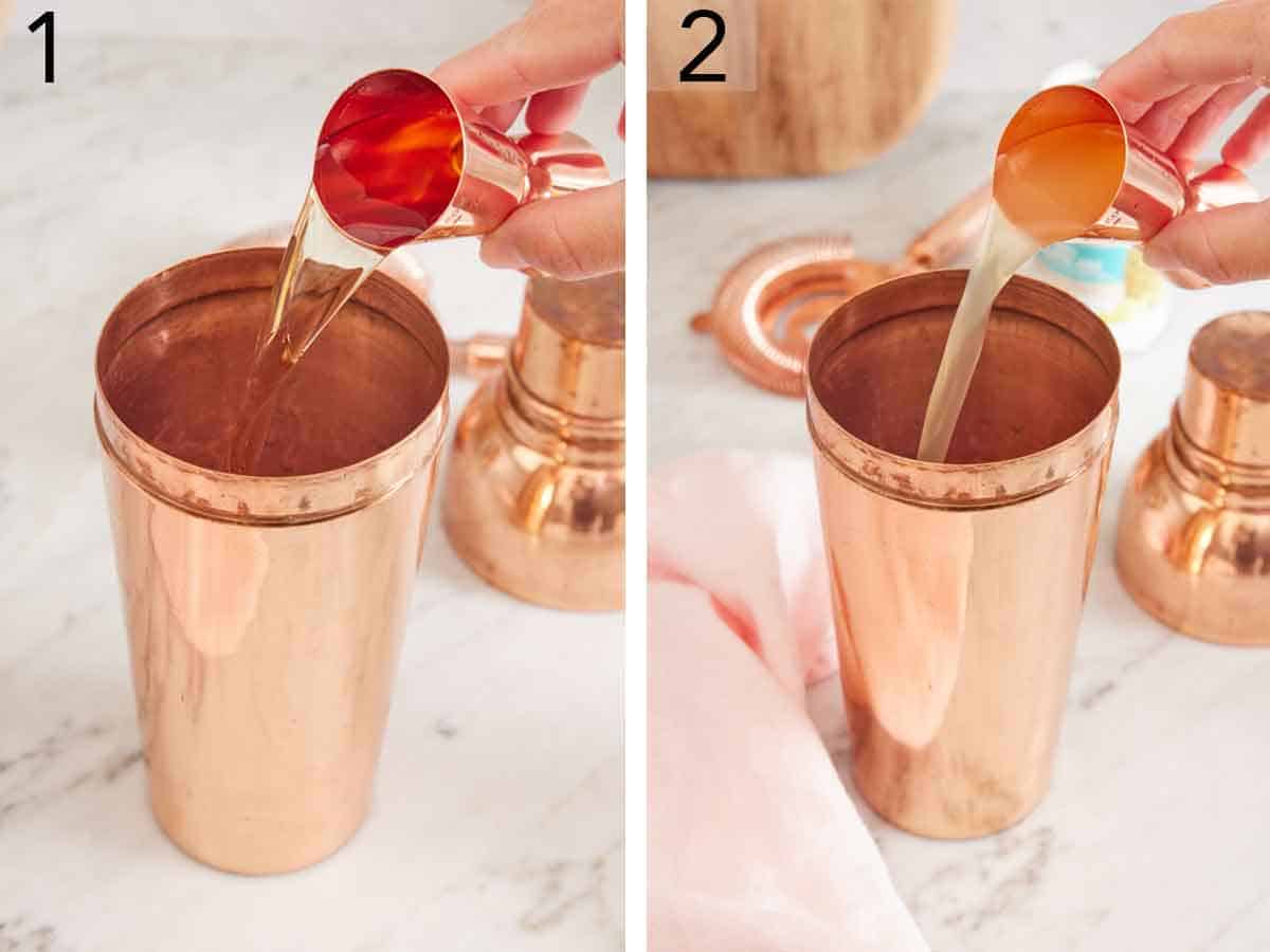 Set of two photos showing rum and juice added to a shaker.