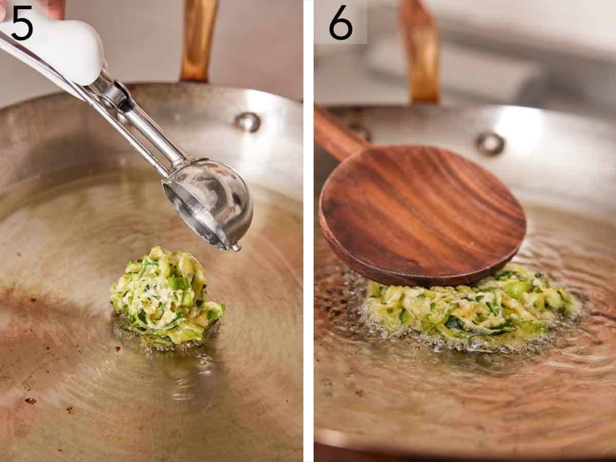 Set of two photos showing batter scooped into oil in a skillet then pressed down.