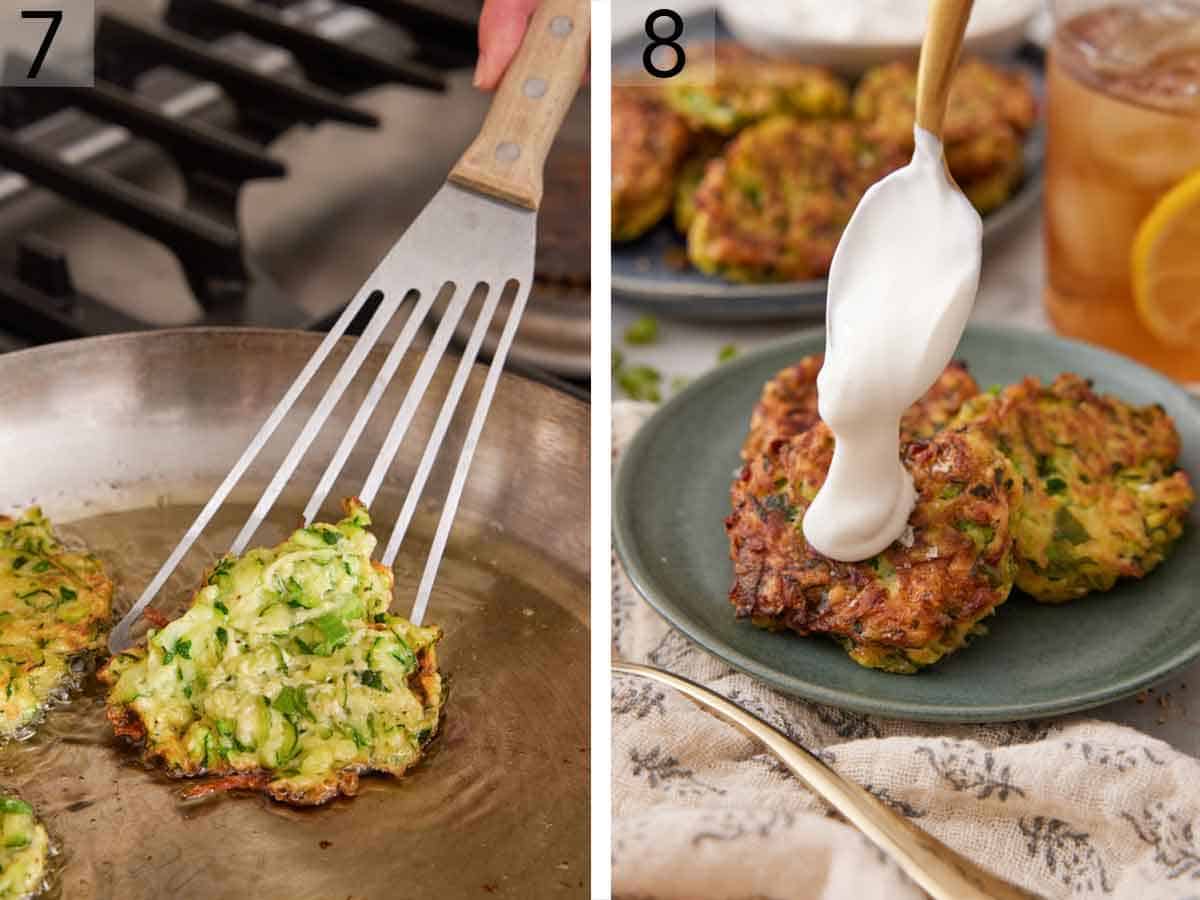 Set of two photos showing the fried mixture being flipped by a spatula and then the finished dish plated and sour cream spooned on top.