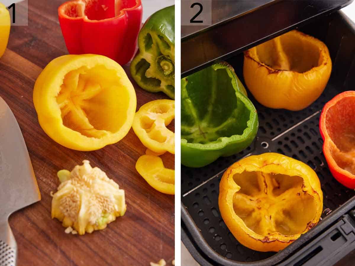 Set of two photos showing bell peppers cut and their seeds removed before air frying them.