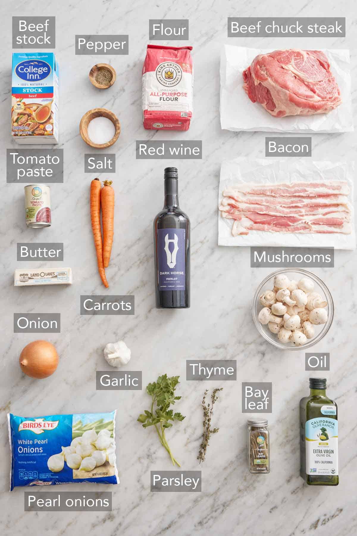 Ingredients needed to make beef bourguignon.