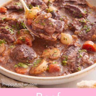 Pinterest graphic of a bowl of beef bourguignon with a spoonful lifted up.
