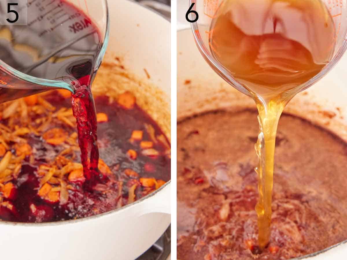 Set of two photos showing red wine and beef stock added to the pot.