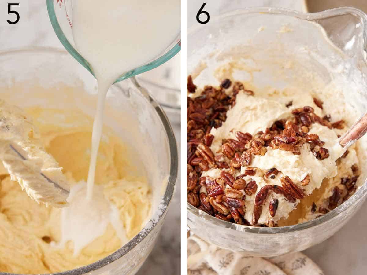 Set of two photos showing buttermilk and pecans added to cake batter.