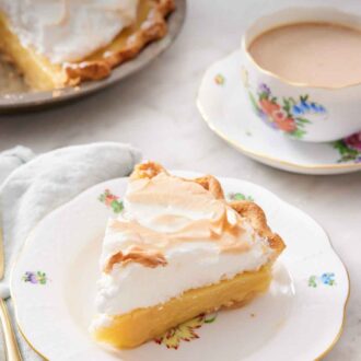 Pinterest graphic of a plate with a slice of butterscotch pie with a cup of coffee in the background and the rest of the pie.
