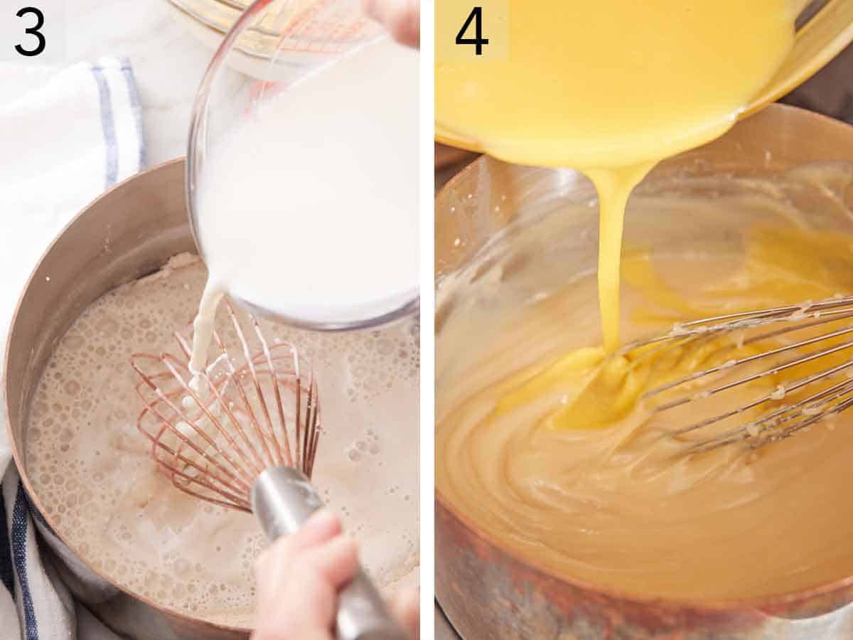 Set of two photos showing milk and egg yolk mixture whisked into a pot.