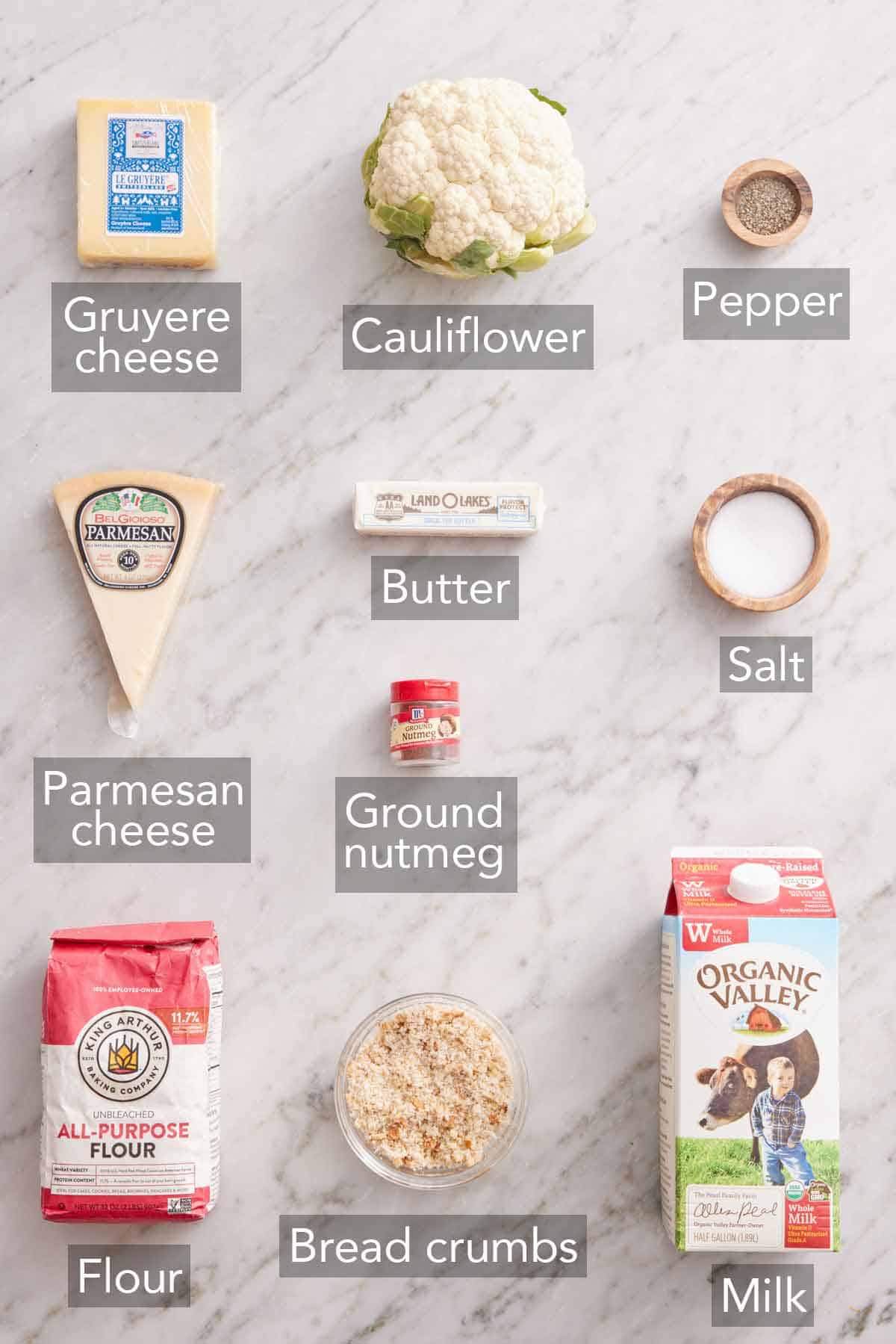 Ingredients needed to make cauliflower gratin.