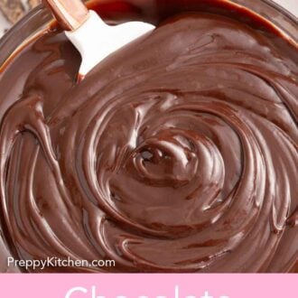 Pinterest graphic of a bowl of chocolate ganache with a spatula tucked in.