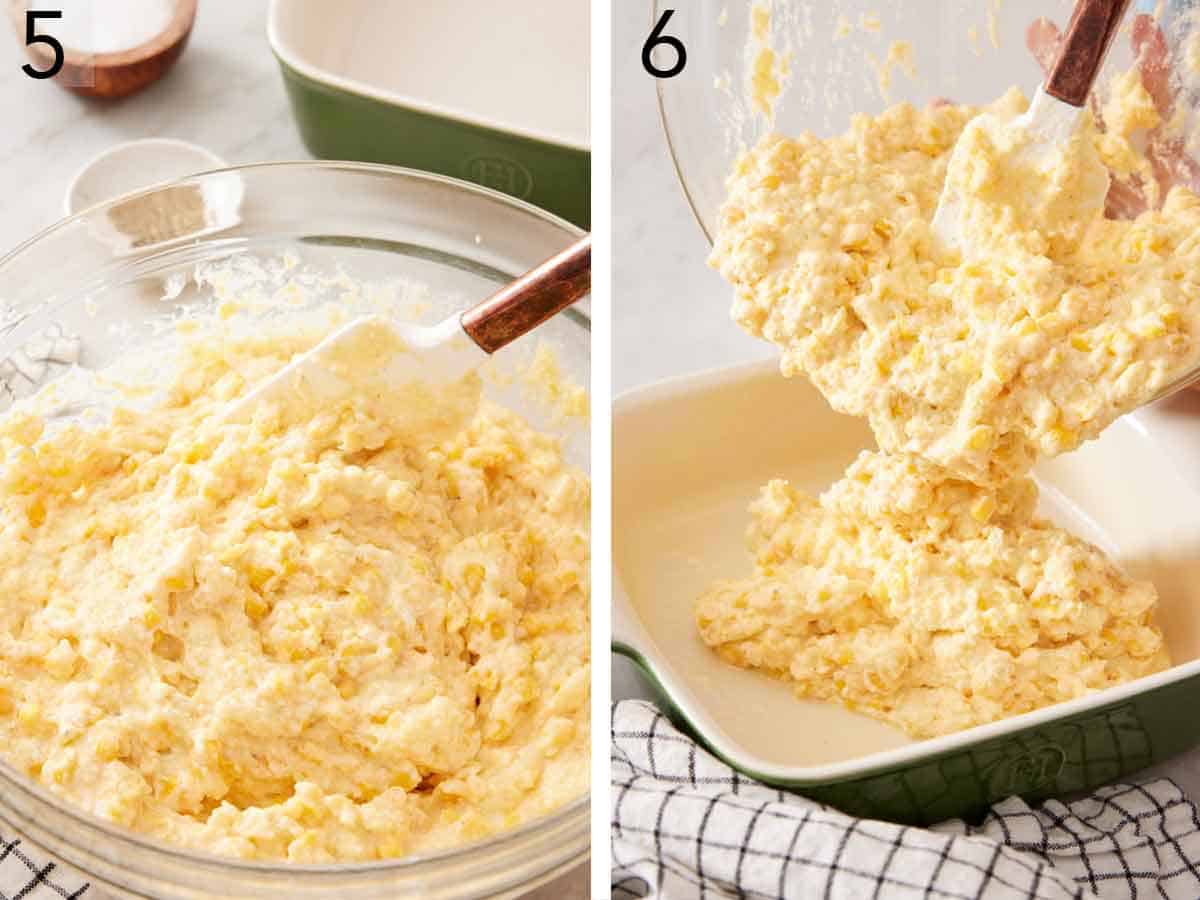 Set of two photos showing everything mixed together in a bowl and poured into a baking dish.