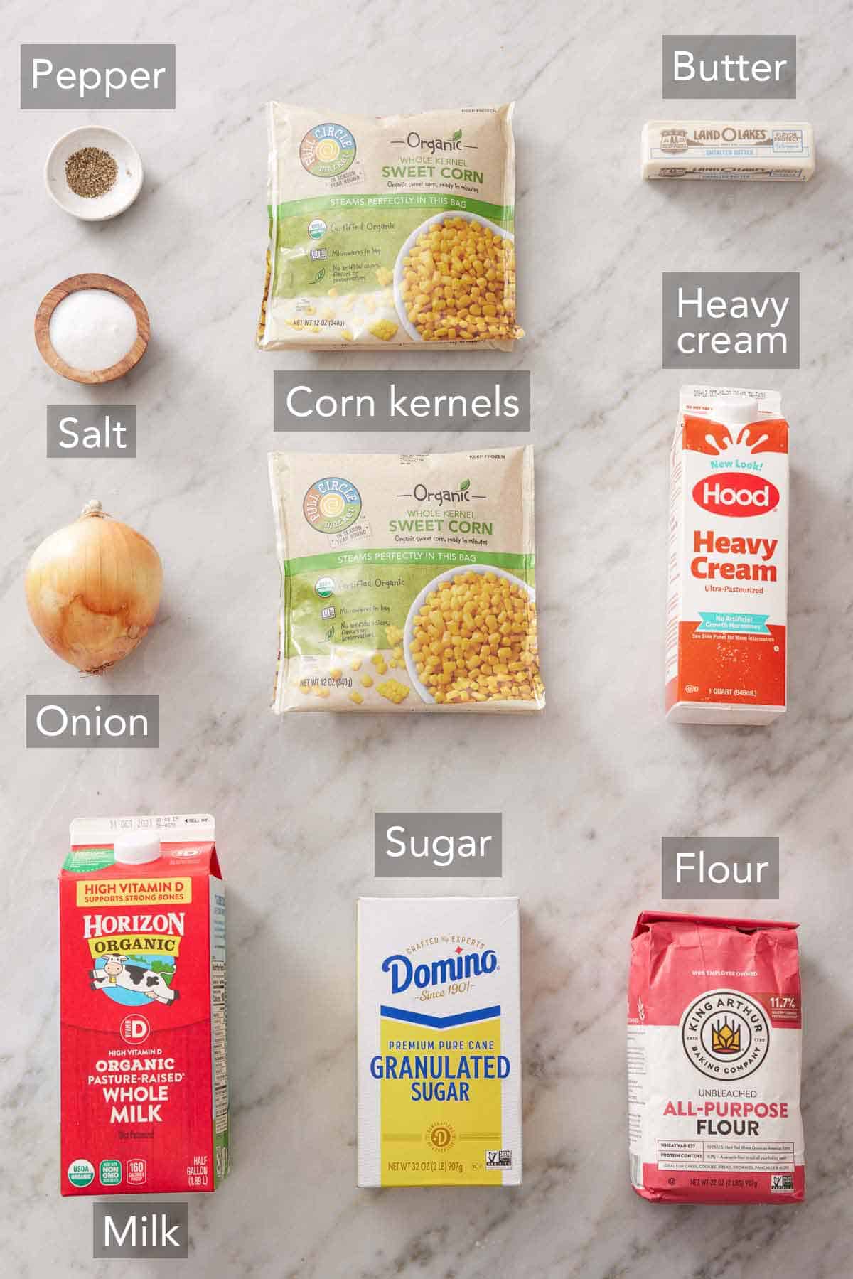 Ingredients needed to make creamed corn.