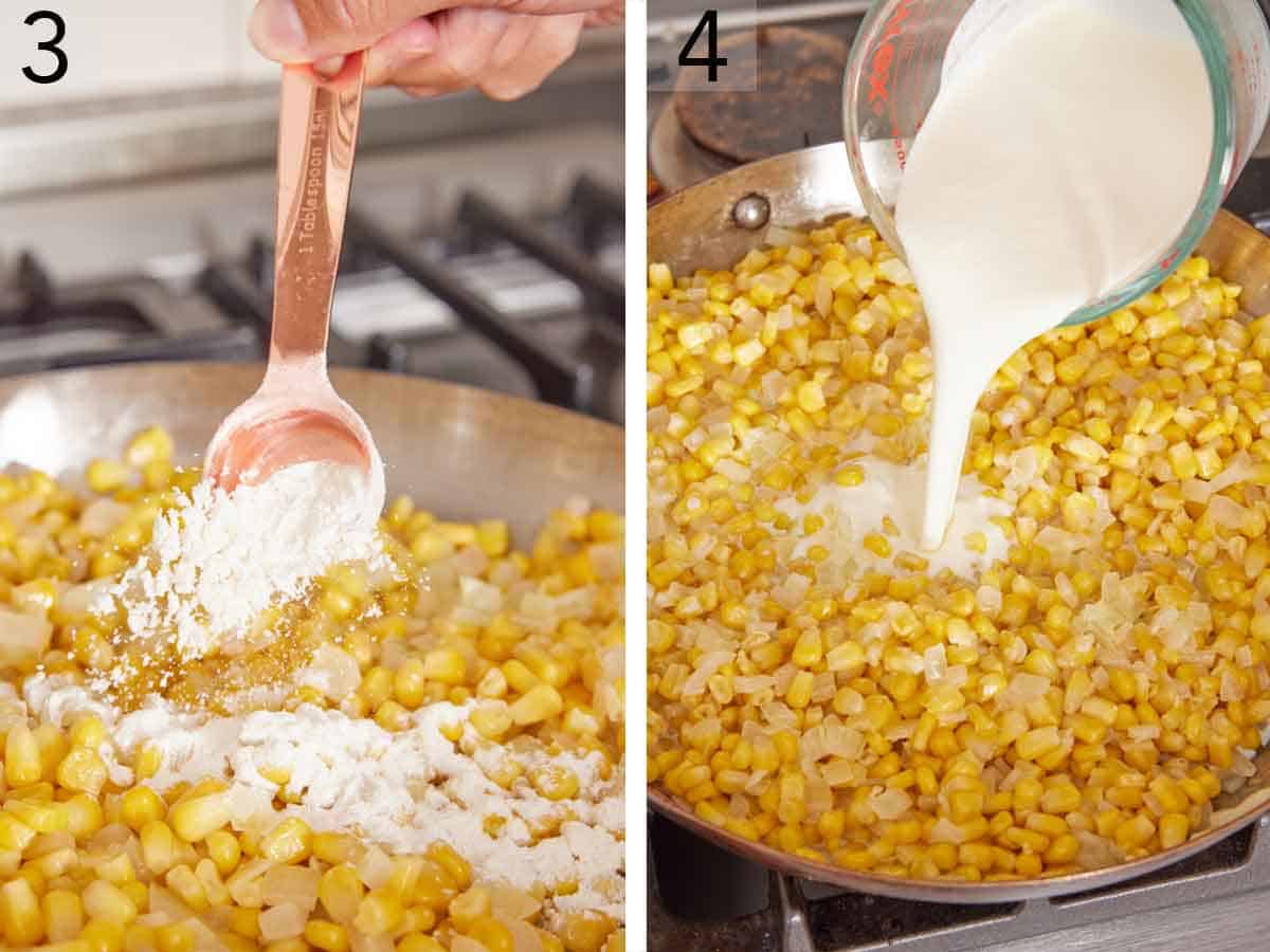 Swt of two photos showing flour and cream added to a skillet.