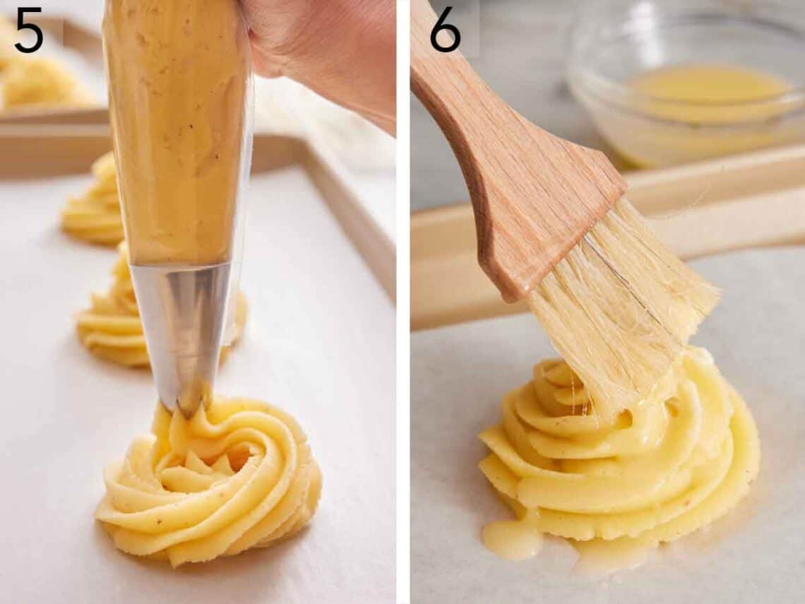 Set of two photos showing the mixture piped onto a lined sheet pan and brushed with butter.