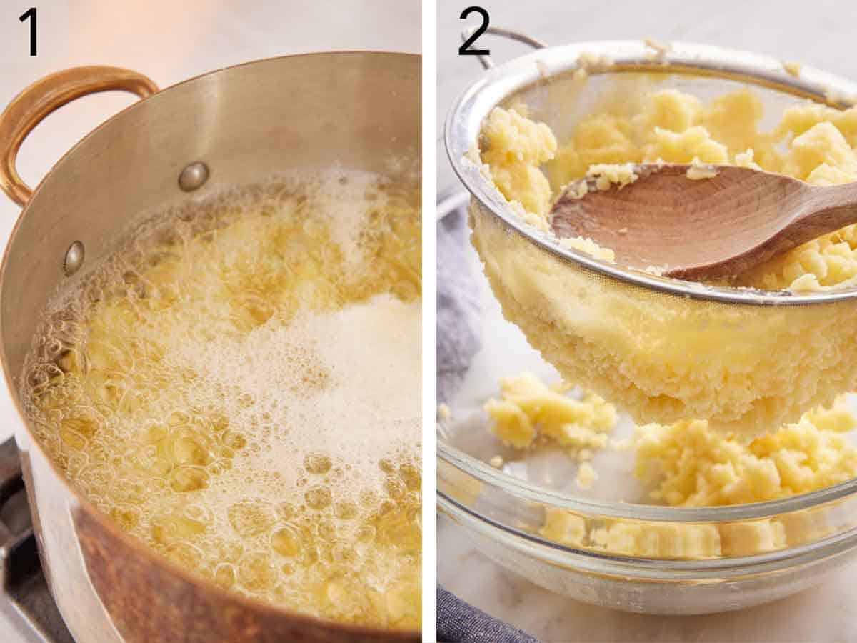 Set of two photos showing potatoes boiled in a pot of water and then pressed through a fine mesh strainer.