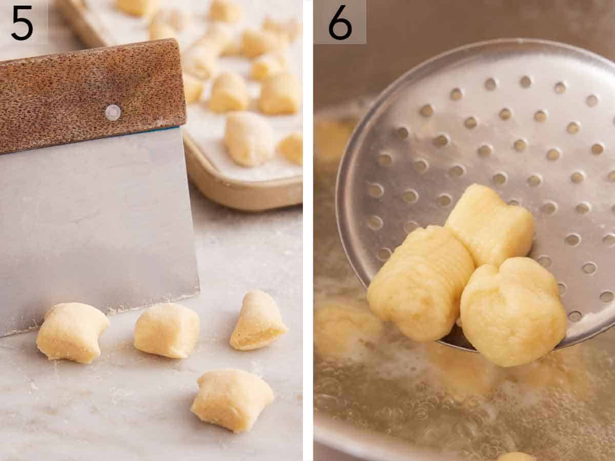 Set of two photos showing dough cut into bite-sized pieces and cooked in boiling water.