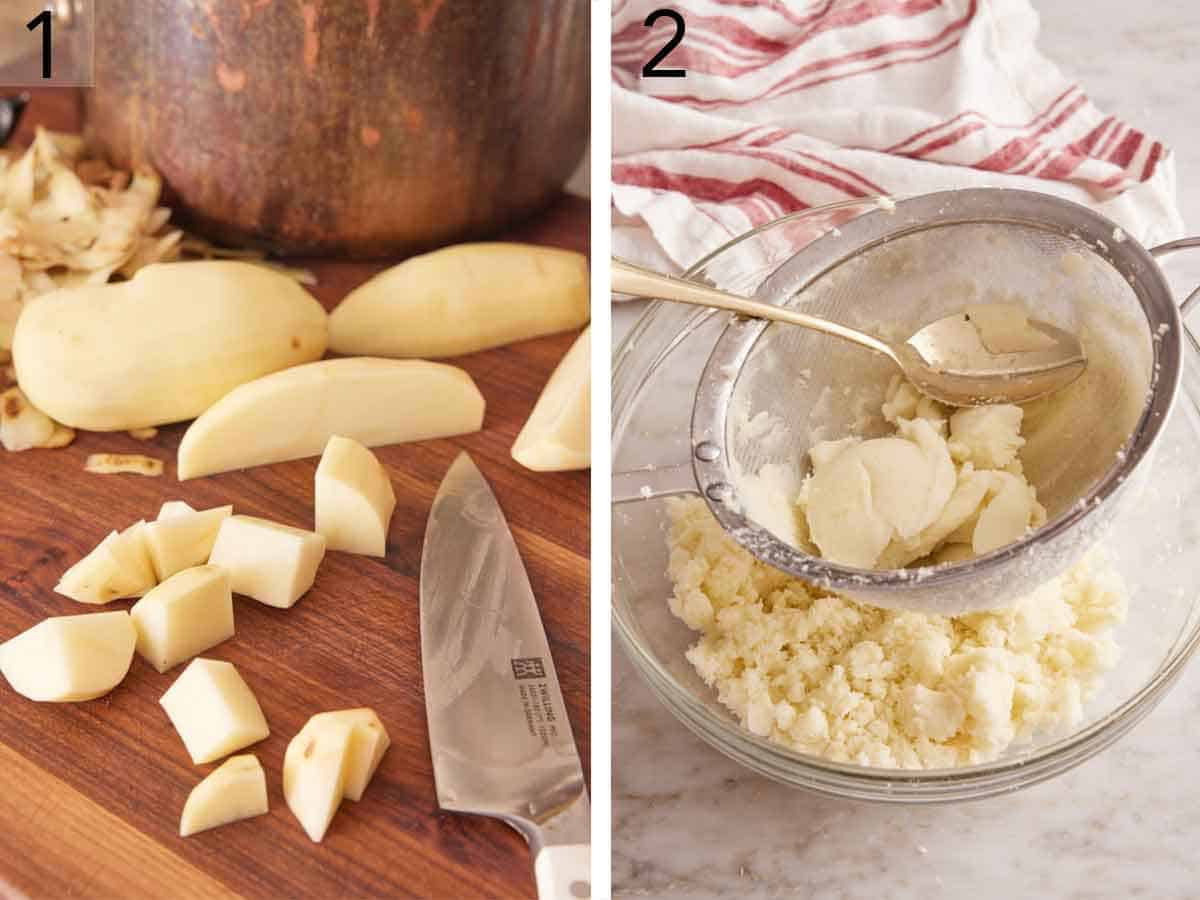 Set of two photos showing potatoes diced and then after its been cooked, pushed through a fine mesh strainer.
