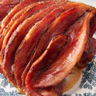 An overhead view of a platter of honey baked ham.