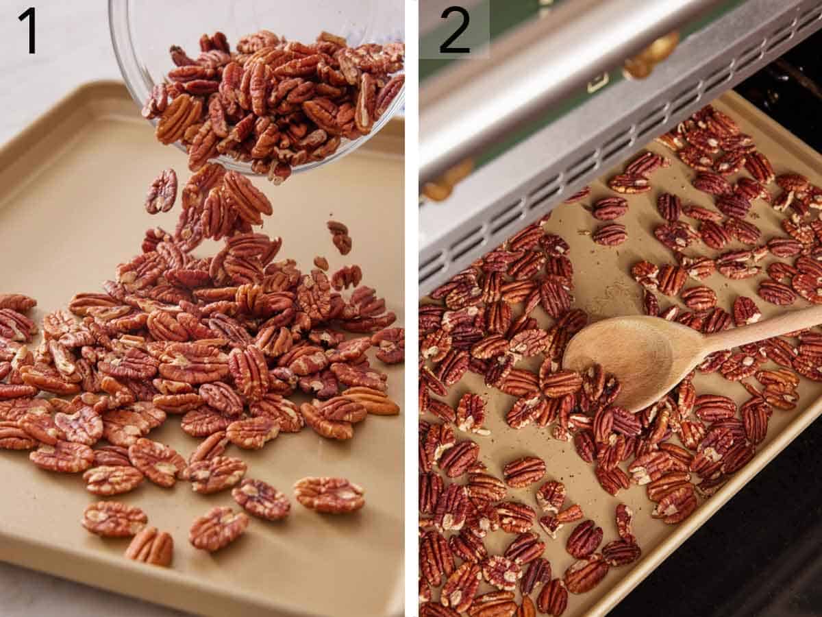 Set of two photos showing how to toast pecans in the oven by pouring them onto a sheet pan, and then stirring them after they are toasted.