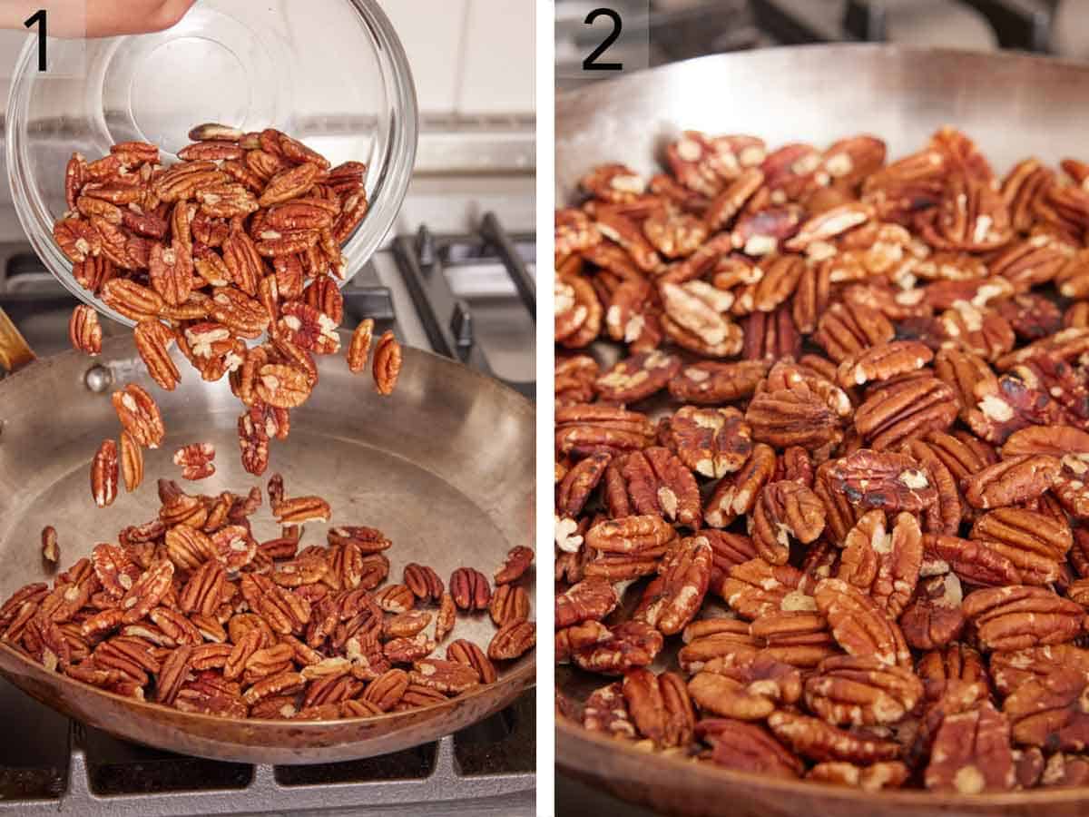 Set of two photos showing how to toast pecans in a skillet on a stovetop by adding them to a skillet and toasting.