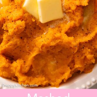 Pinterest graphic of a close up view of mashed sweet potatoes with two knobs of slightly melted butter on top.