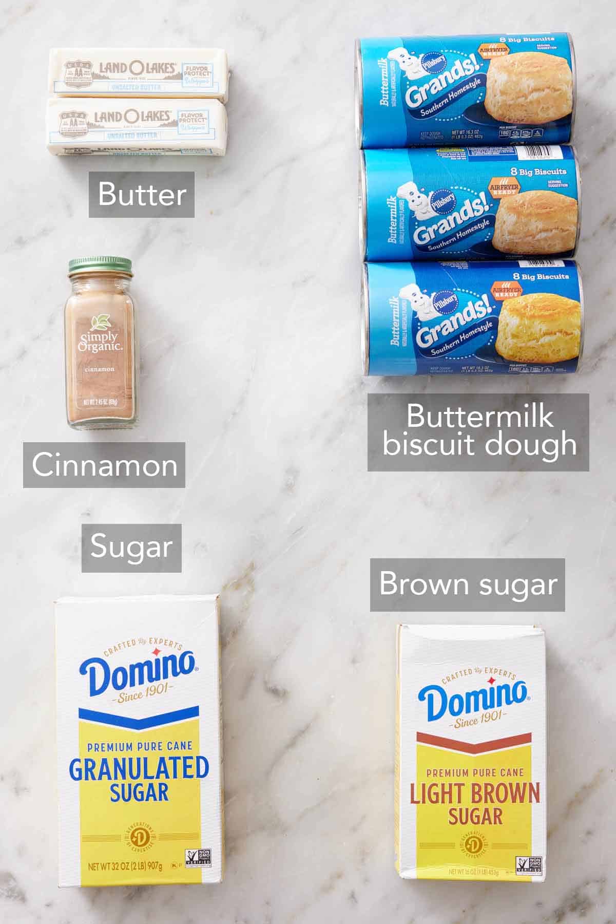 Ingredients needed to make monkey bread.